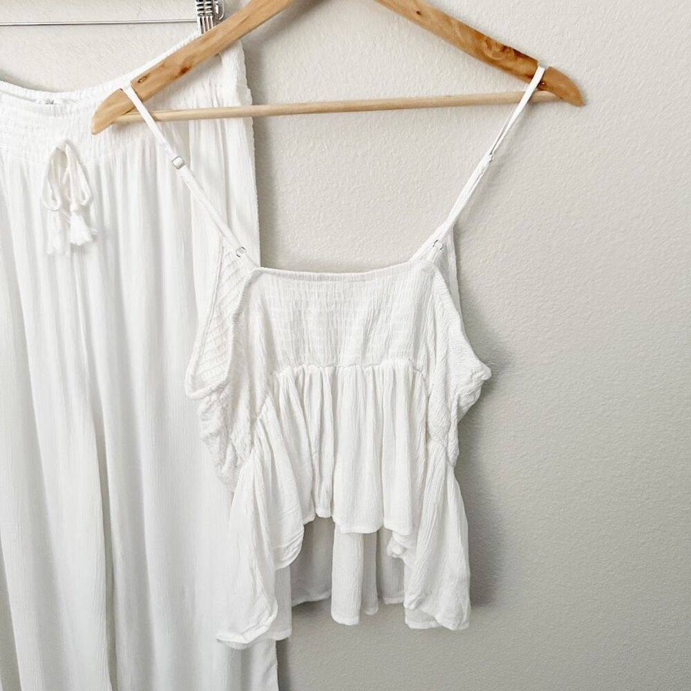 SALTY LEMON | SET White Smocked Tank Wide Leg Gauze Lace Pants White Tassel | XL - Picture 6 of 13